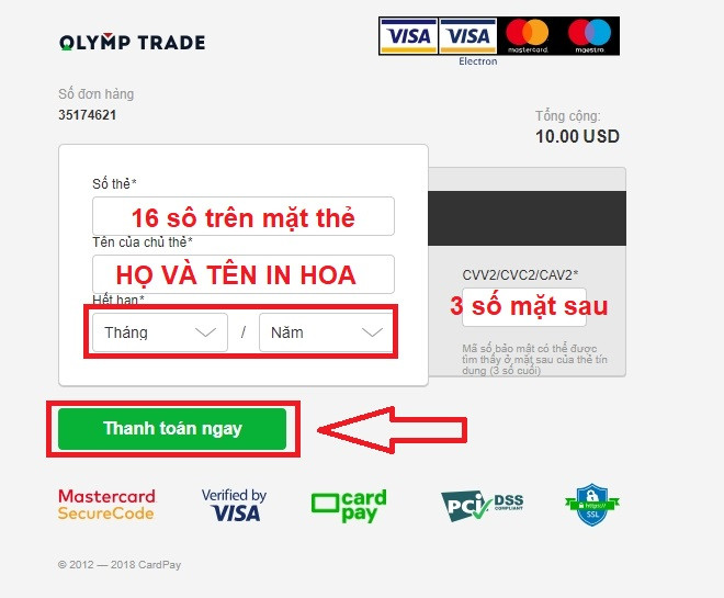 Nạp tiền vào Olymp Trade Forex bằng thẻ Visa/Mastercard