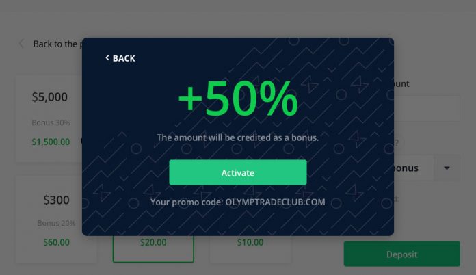 Mã khuyến mãi 50% (bonus) nạp tiền vào tài khoản Olymp Trade